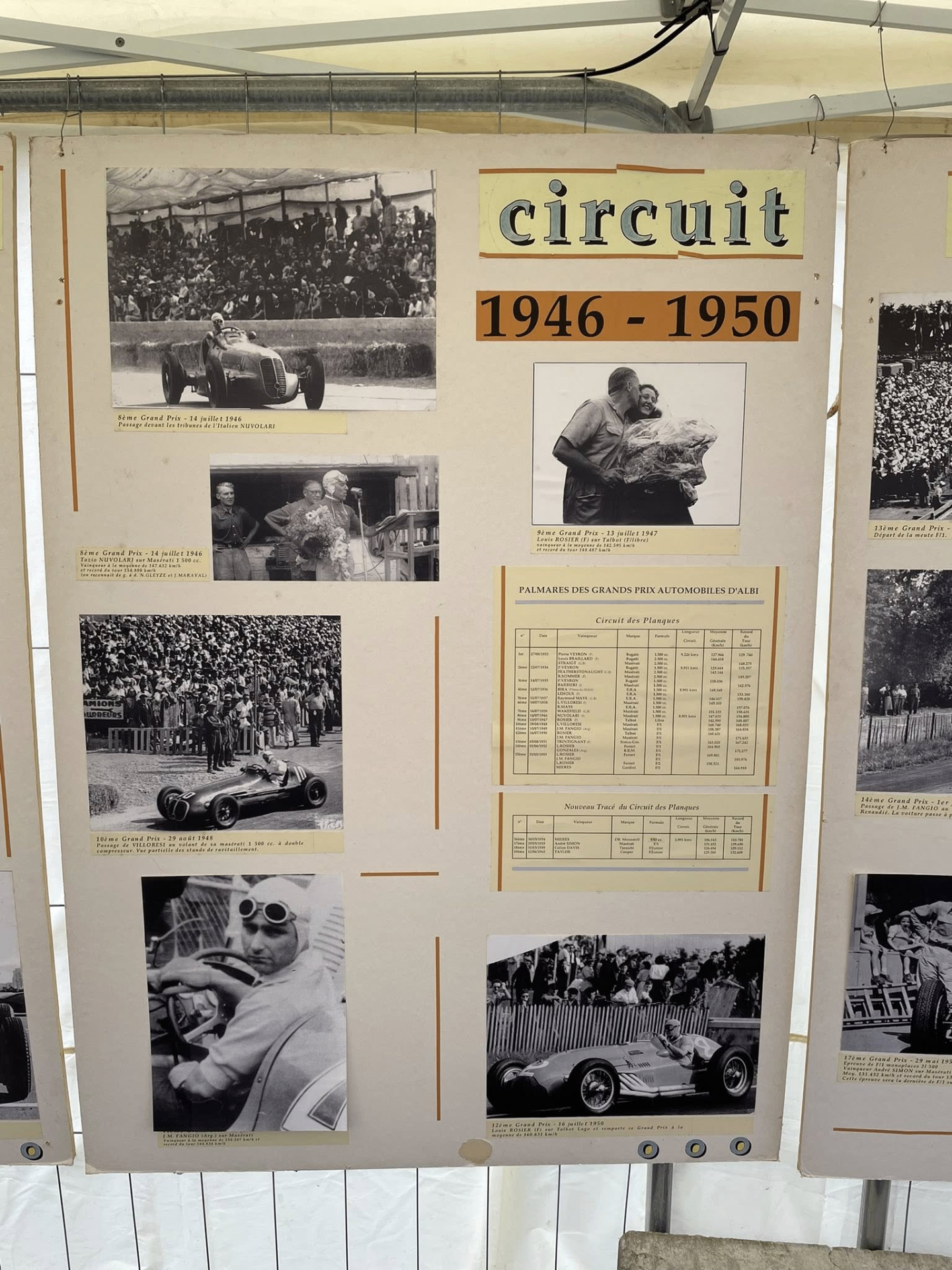 Panneau d'exposition Circuit 1946-1950 montrant des scènes du Grand Prix d'Albi.