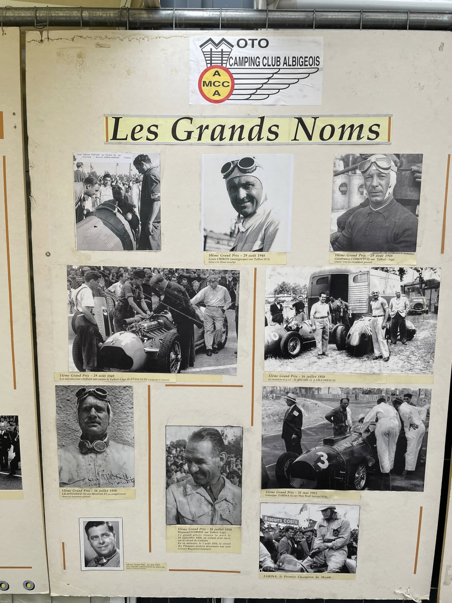 Panneau d'exposition Les Grands Noms avec portraits de pilotes et scènes de paddock.